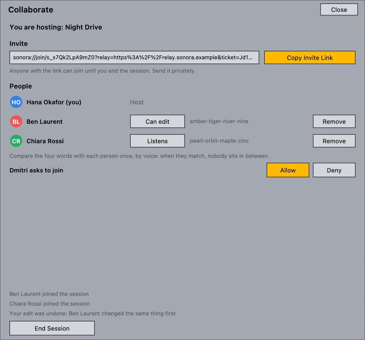 The Collaborate panel while hosting: an invite link with a Copy button, three people with their roles and safety words, and a request to join with Allow and Deny.