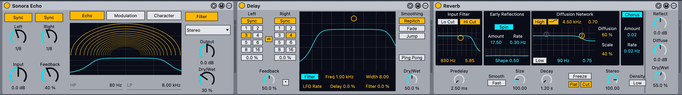 A device chain with Sonora Echo, Delay and Reverb, drawn with familiar device faces.