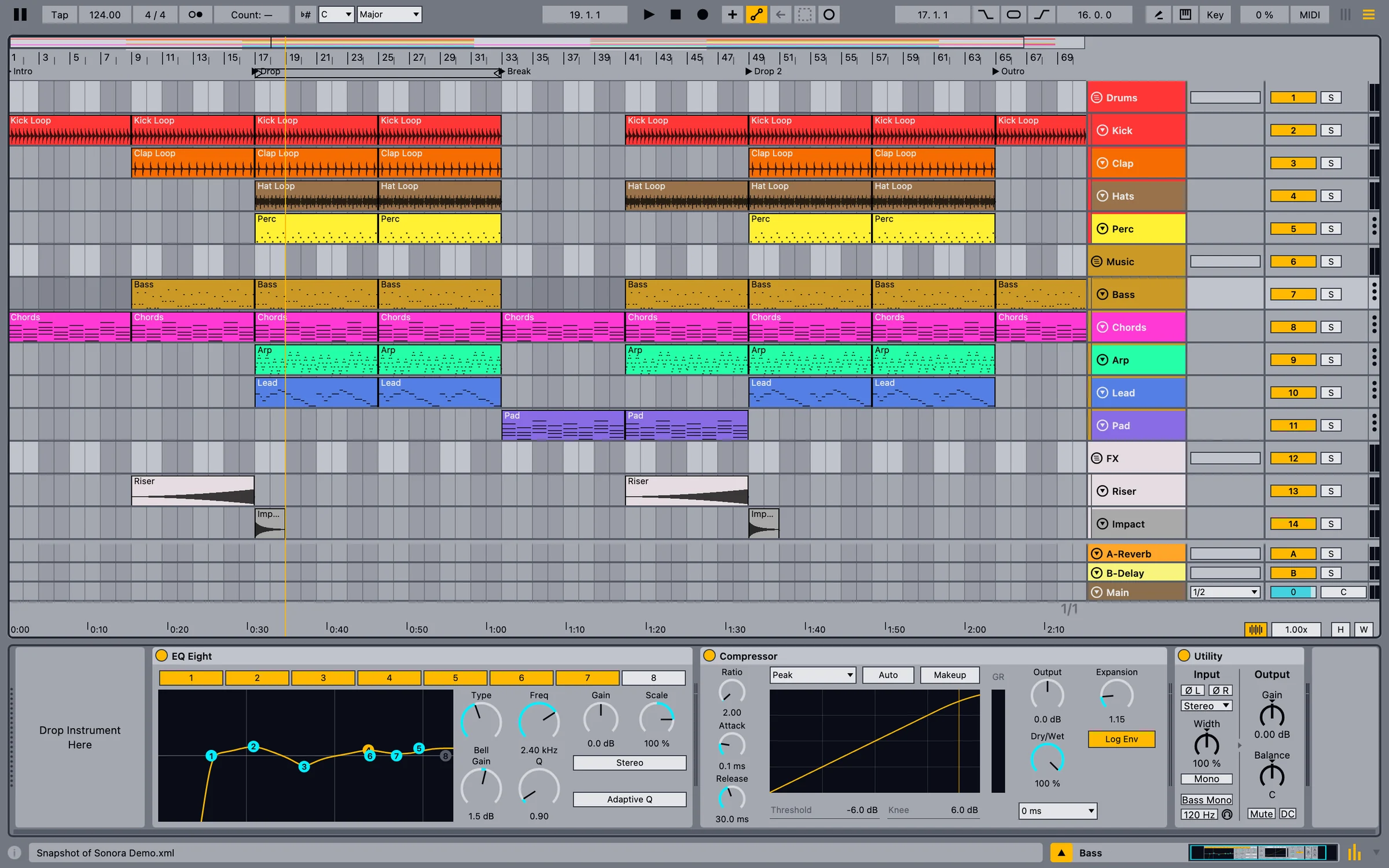Sonora's Arrangement view with grouped drum, music and FX tracks, audio loops, MIDI parts, locators and a device chain on the bass track.