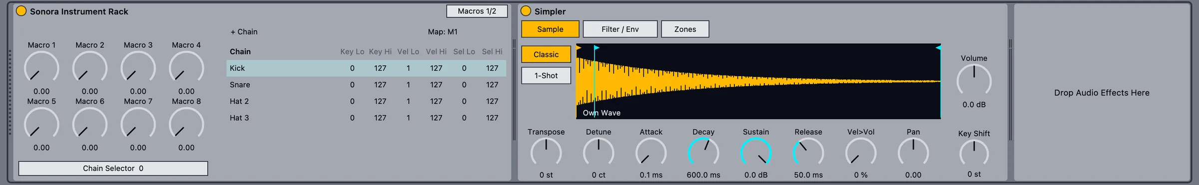 Native Instrument Rack with macros and chain list next to a Simpler.