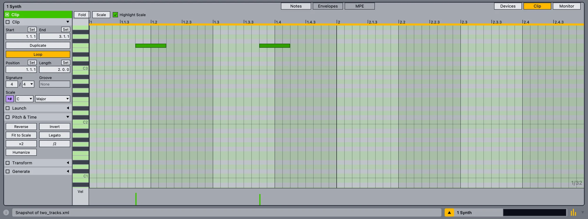 MIDI editor with scale highlighting, clip properties and Fit to Scale, Legato and Humanize tools.