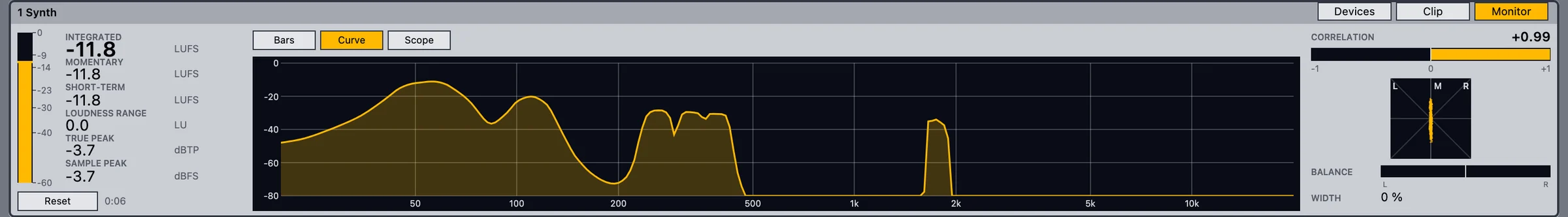 Monitor tab with LUFS readouts, spectrum curve, correlation meter and goniometer.