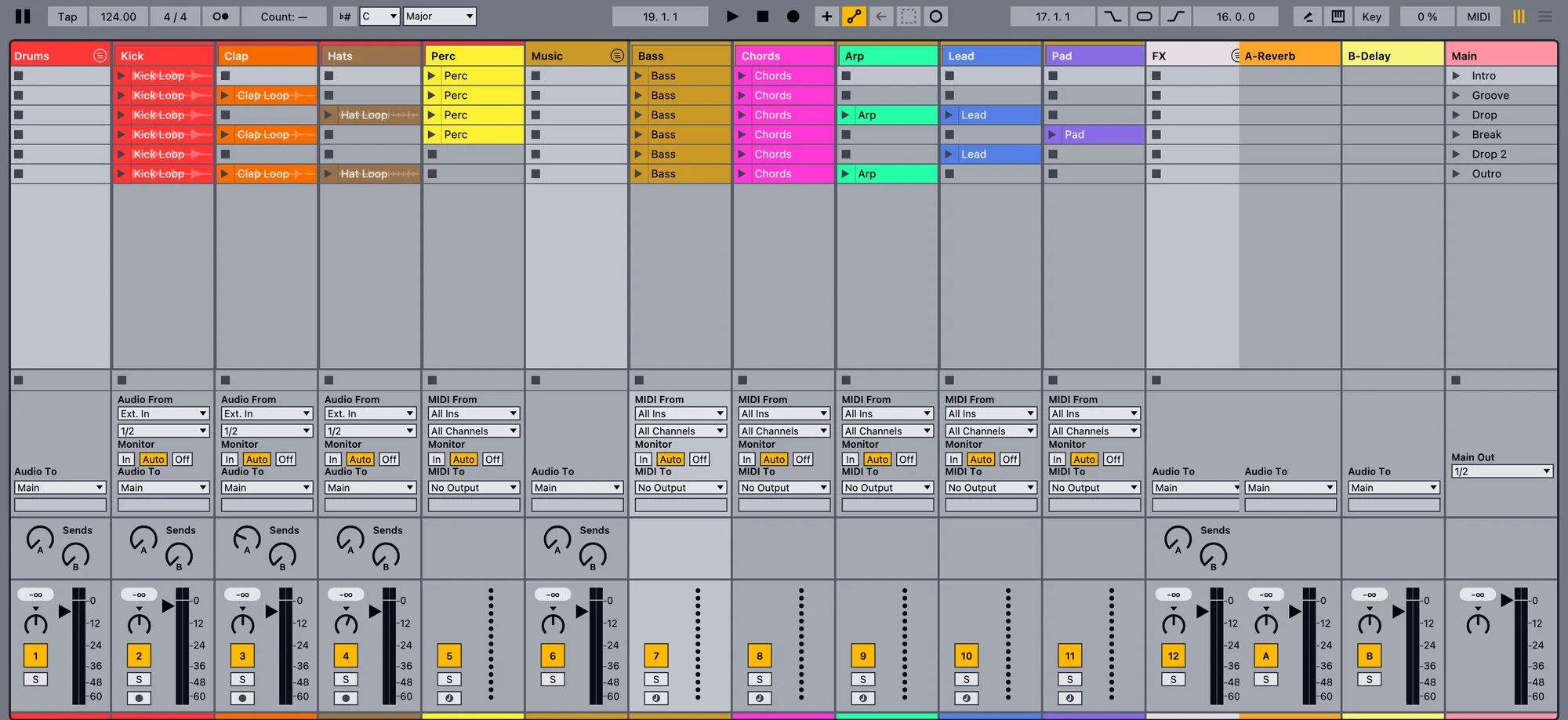 Session view with clip slots, scenes, routing, sends and the mixer.