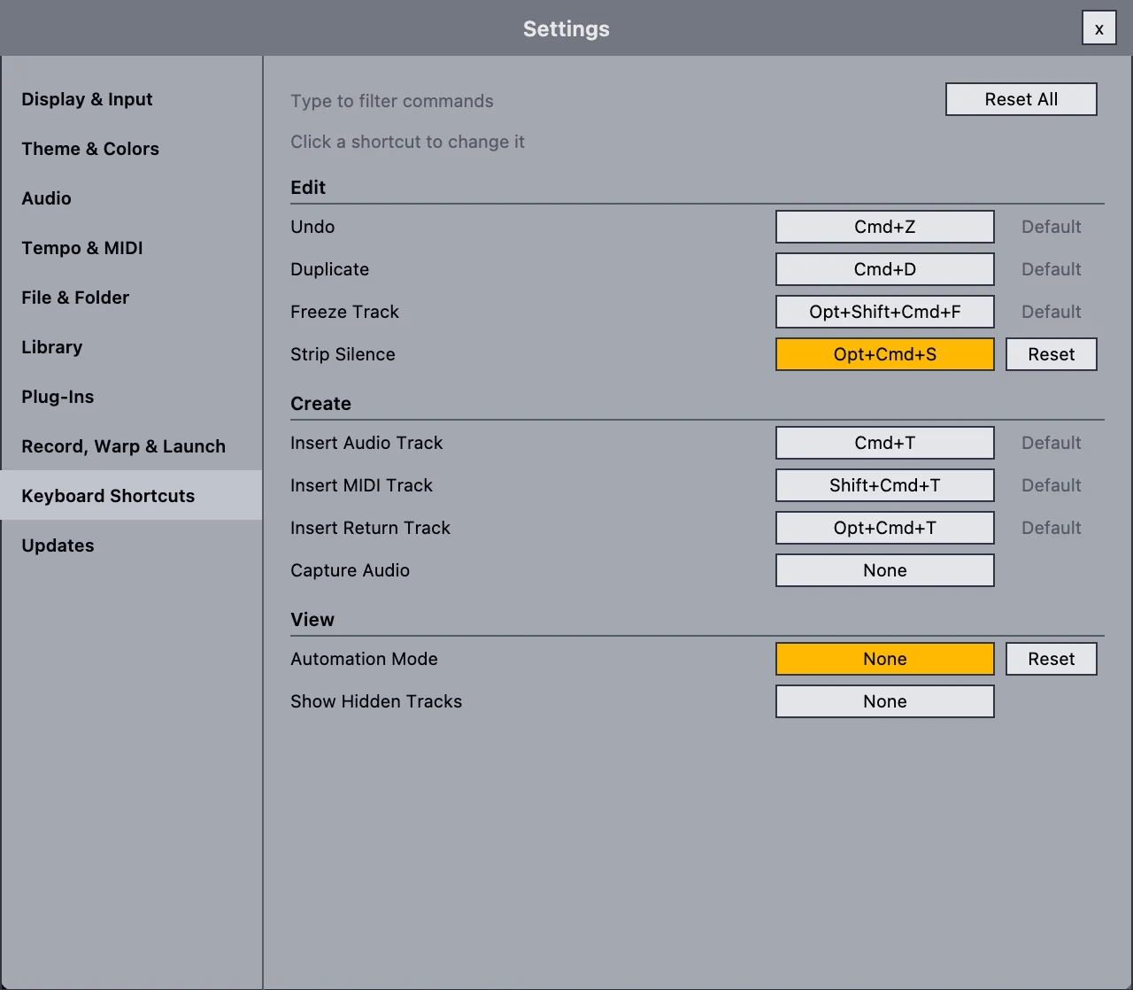 Settings window showing Keyboard Shortcuts with rebound commands.