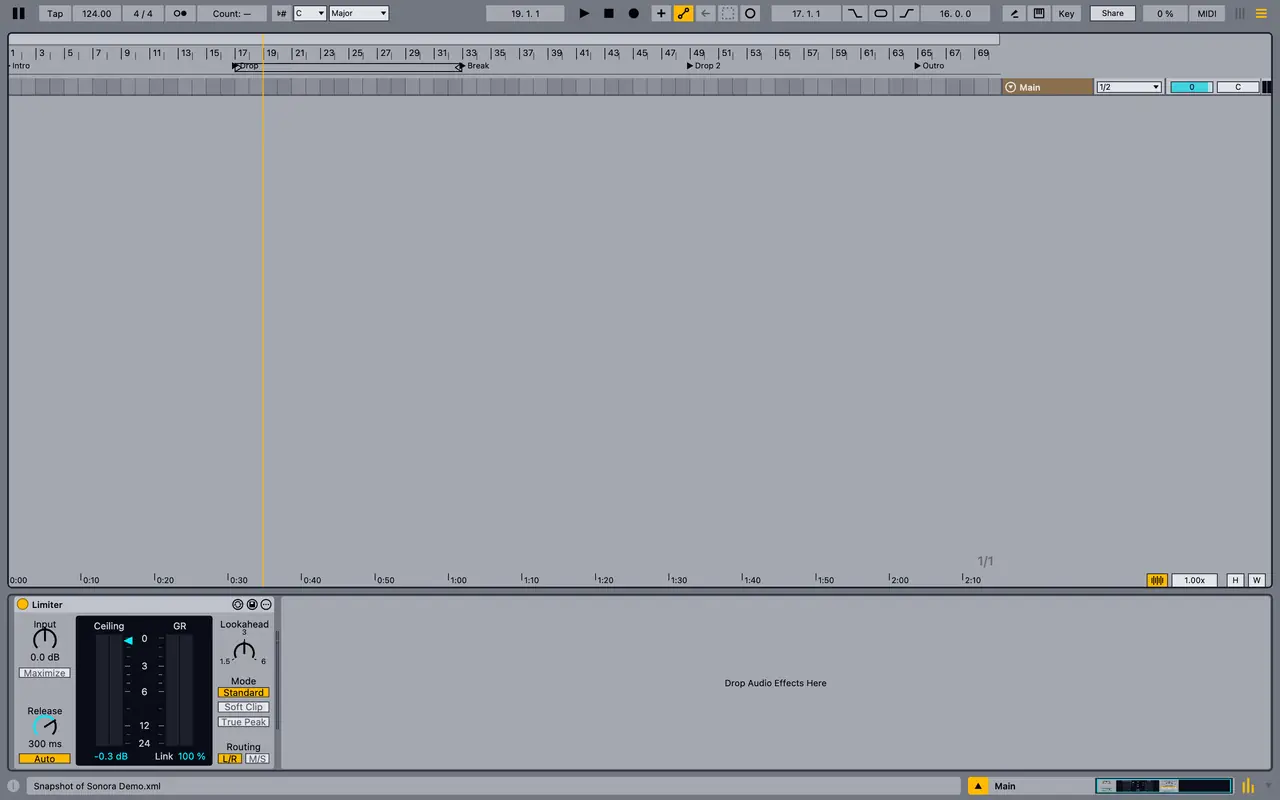 A track being built in Sonora's Arrangement view: drum, bass, chord, arp, lead, pad and FX tracks appear and fill with clips, EQ Eight, Compressor, Sonora Prism, Echo, Delay and Reverb drop into their device chains, then the song plays.